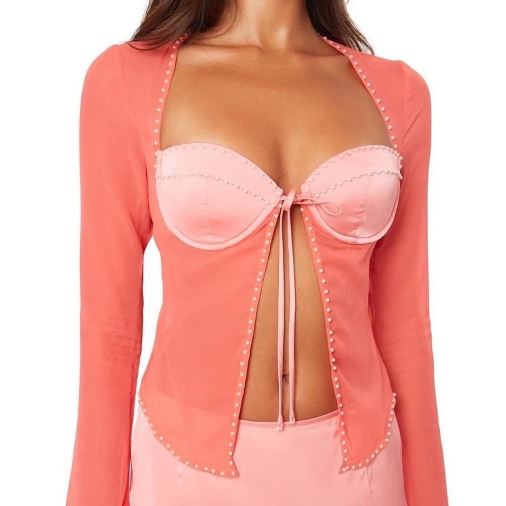 Danielle Guizio Pearl Embellished Tie Front Top Punch Pink L